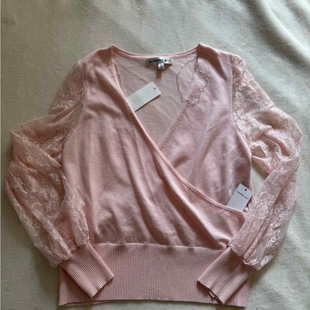 Pink Lace Sleeve Sweater Madden Girl